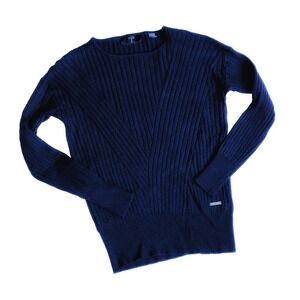 T Tahari XS Navy Semi- Boat Neck Cable Sweater Stretchy!